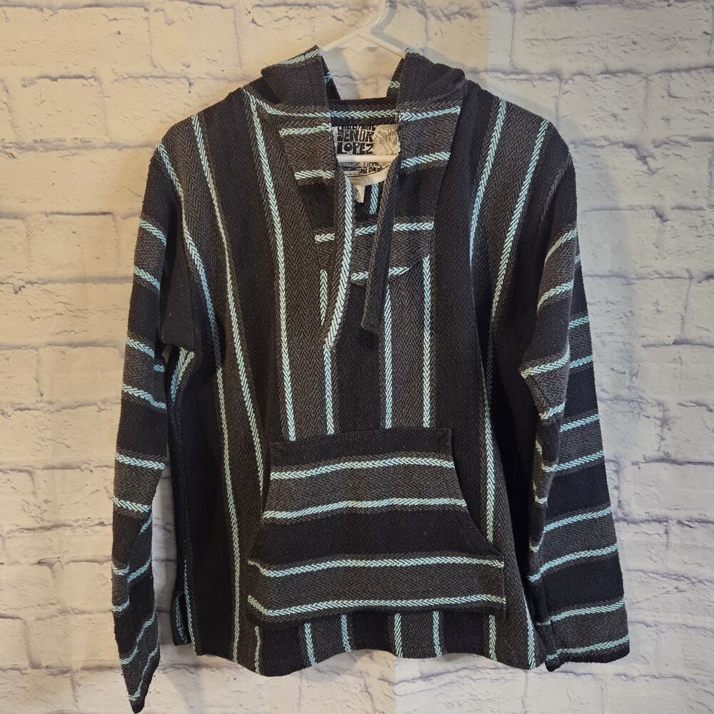 Original Senor Lopez Woven Mexican Baja Hoodie Mexican Surf Pullover Small